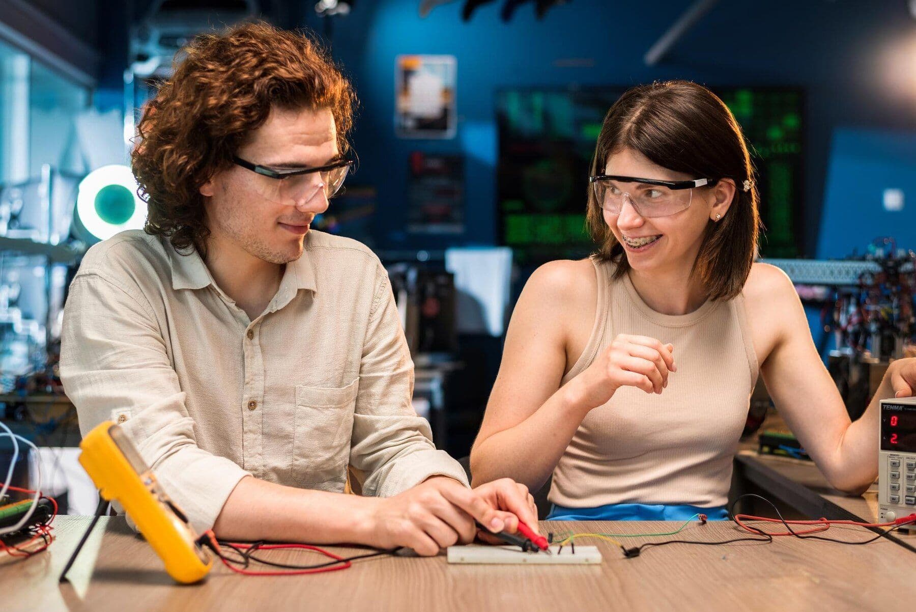 young-man-woman-protective-glasses-doing-experiments-with-electricity-laboratory_1268-23398
